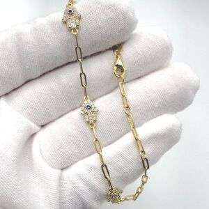 7” Gold Plated over .925 Sterling Silver Hamsa Cz Bracelet